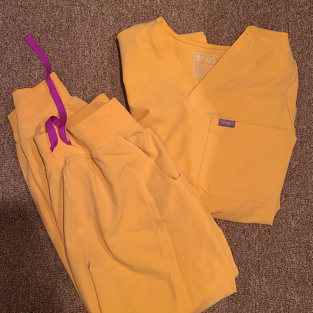 FIGS Women's Scrub Set in Mustard Yellow with Purple Drawstring Accent
